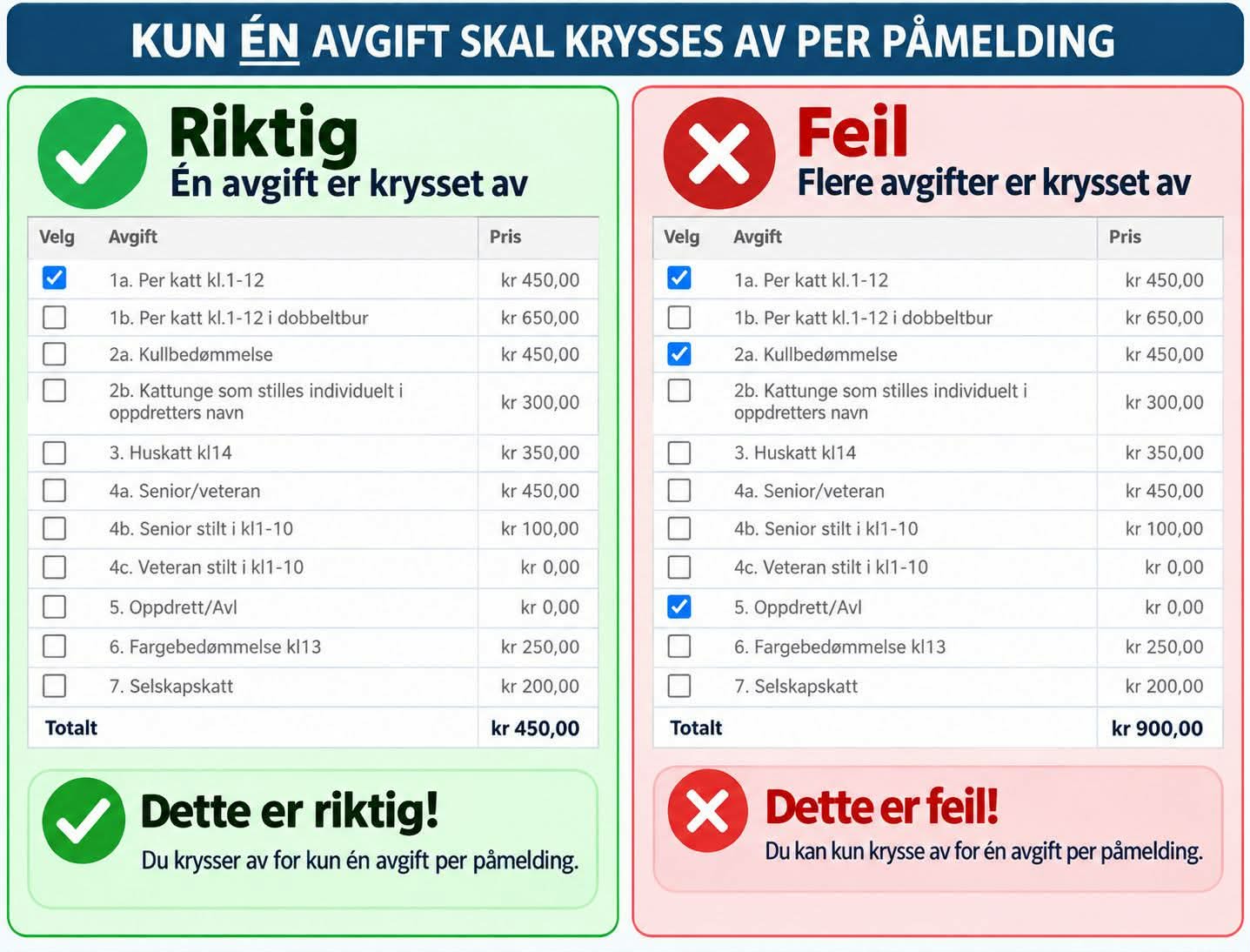 Hvis man skal melde på en katt i flere klasser, skal det være en påmelding per klasse.